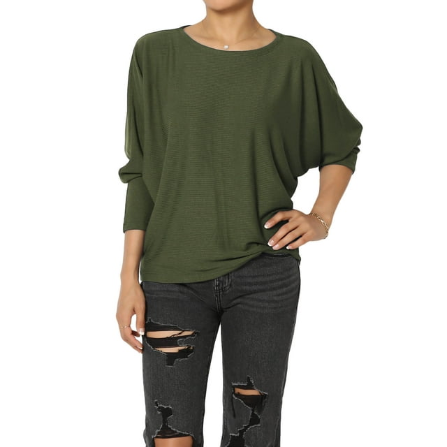 TheMoogan Women's Closet-Essential Drapey 3/4 Dolman Sleeve Boat Neck Relaxed Ribbed Top