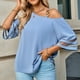 thumbnail image 2 of Camisa con hombros descubiertos para mujer, camiseta elegante con empalme de malla y manga acampanada transpirable a la moda para mujer, blusa azul gris XL, 2 of 7