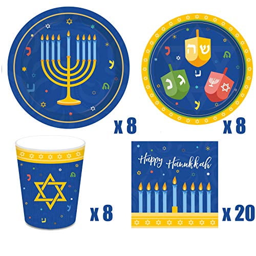 44Pcs Hanukkah Party Supplies Plates Cups Napkins - Holiday Chanukah Party Decorations Favors Tableware Set