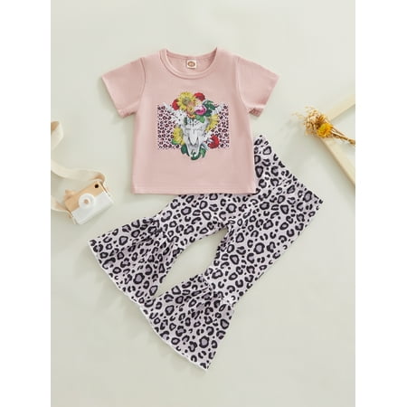 

Baby Girl Clothes Western Farm Short Sleeve Cow Print Tee Shirt Flare Pants Set Toddler Girls Outfit Spring Summer (Pink+Leopard 4-5 Years)