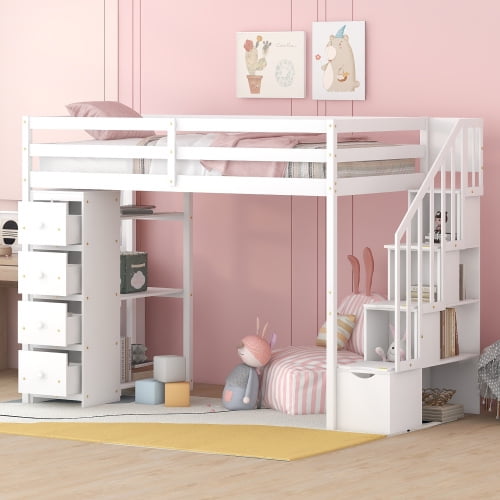 Twin Loft Bed, Solid Wood Loft Bed with Stairs and Storage Drawers