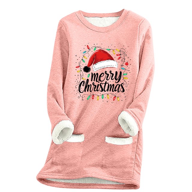 LMKIHUSA Chandails en Molleton pour Femmes, Imprimé de Noël, Col Rond, Chandail à Enfiler, Mode Décontractée, Hiver Chaud 2025, Tenue d'Intérieur avec Poches, Rose, m