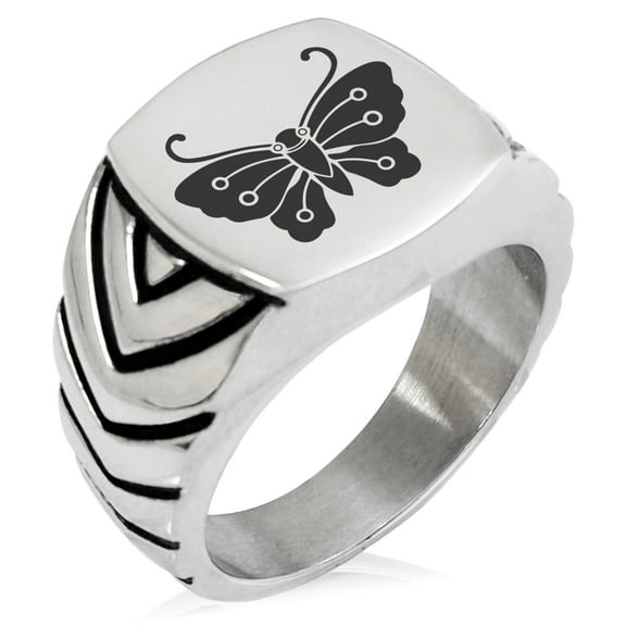 Stainless Steel Kawari Kocho Butterfly Kamon Crest Chevron Pattern Biker Style Polished Ring