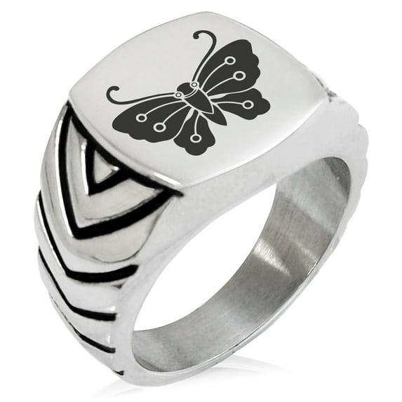 Stainless Steel Kawari Kocho Butterfly Kamon Crest Chevron Pattern Biker Style Polished Ring