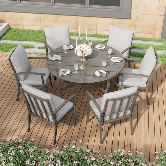 HAPPATIO Patio Dining Set, Aluminum Round Outdoor Dining Set for 6, 52" Round Dining Table with Umbrella Hole and 6 Chairs, Outdoor Table and Chairs with Removable Cushion for Lawn Yard Patio