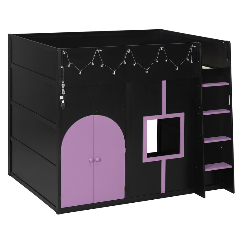 Full Size Playful Child Loft Bed with Doors & Window, Wood Kids House Bed Frame with Light Strip & Built-In Ladder