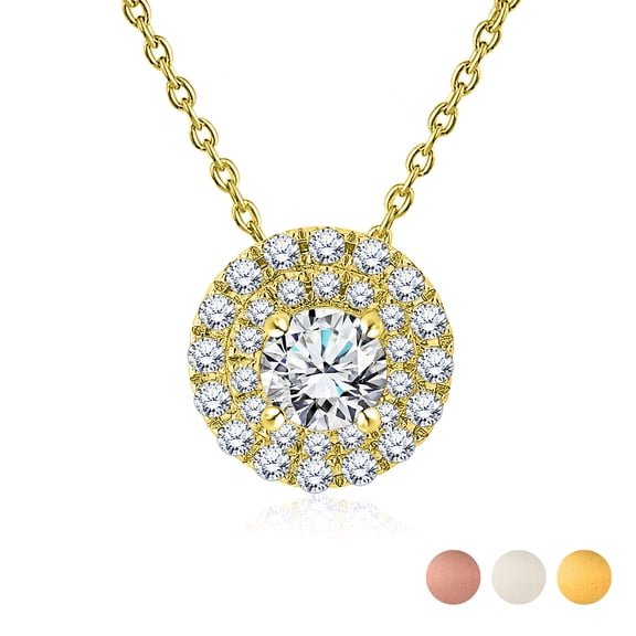 JeenMata Collier Pendentif Double Halo en Diamant de Laboratoire Taille Ronde de 1 Carat en Or Jaune 18K sur Argent