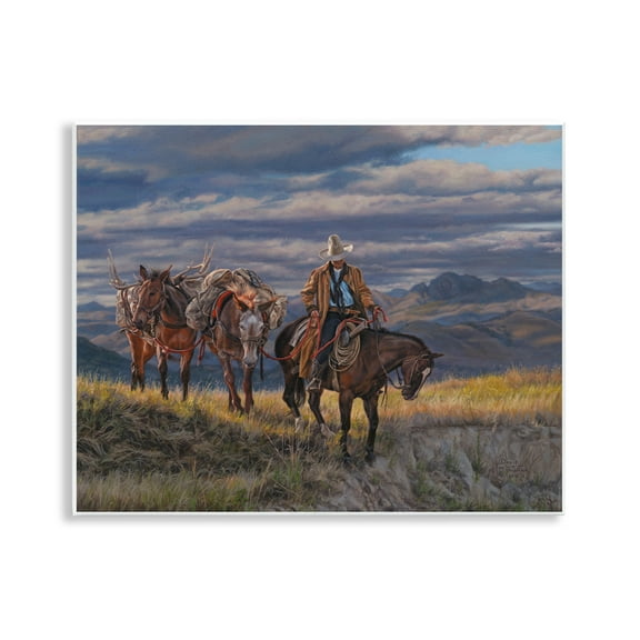 Stupell Industries Sauntering Cowboy & Horses Landscape Painting Unframed Art Print Wall Art, 14 x 11