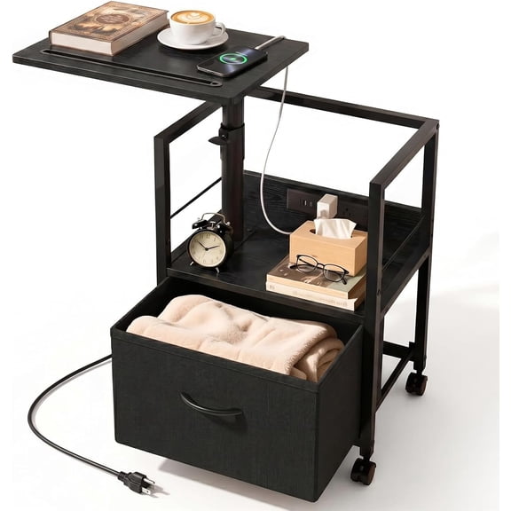 Night Stand with Charging Station & Swivel Top, Black | Bedside Table with Wheels & a Fabric Drawer, Side Table with Storage, Multifunctional Furniture for Small Spaces, Bedroom