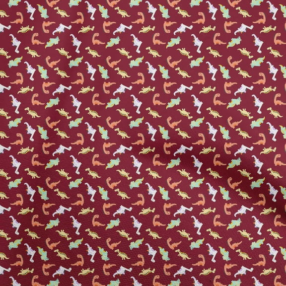 oneOone Cotton Cambric Maroon Fabric Colorful Dinosaur Cartoon Sewing Material Print Fabric By The Yard 56 Inch Wide