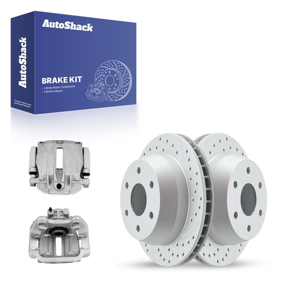 AutoShack Rear Vented Drilled & Slotted Coated Brake Rotors Silver Matte Finish   Calipers 4-PC Brake Kit Replacement for 2005-2006 GMC Sierra 1500 2003 GMC Sierra 1500 TurboGuard 12.99" (330 mm)