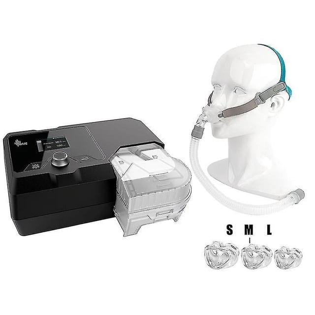 bmc cpap auto cpap g2sc20/ a20 anti-snoring device cpap mask apnea copd treat sleep apnea ventilator unidad CPAP negra con humidificador transparente y pantalla, manguera conectada a mascarilla nasal con banda turquesa sobre busto. Incluye tres almohadillas nasales tamaño S M L; apto para llevar en maleta.