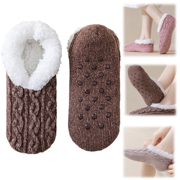 Womens Fleece Slipper Socks Thick Knitted Fuzzy Lined Socks Winter Non-Slip Home Floor Slippers with Grippers (Coffee)