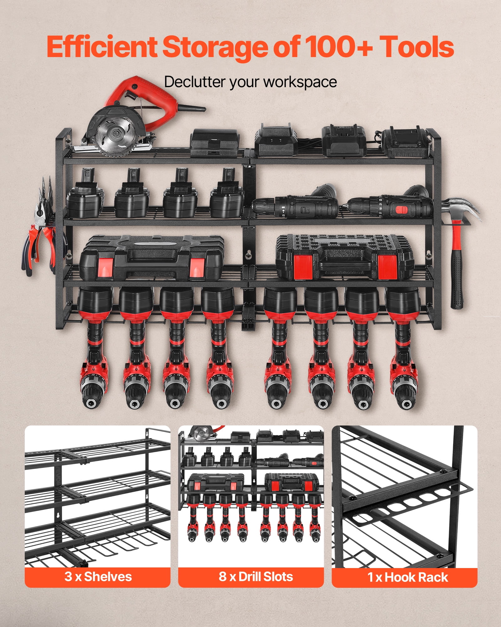 VEVOR Power Tool Organizer Wall Mount, 4-Layer Storage Rack with 8 Drill Holders, Tools Holder and Storage Rack with Screwdriver Holder, Garage Tool Organizer for Garage, Workbench, and Workshop