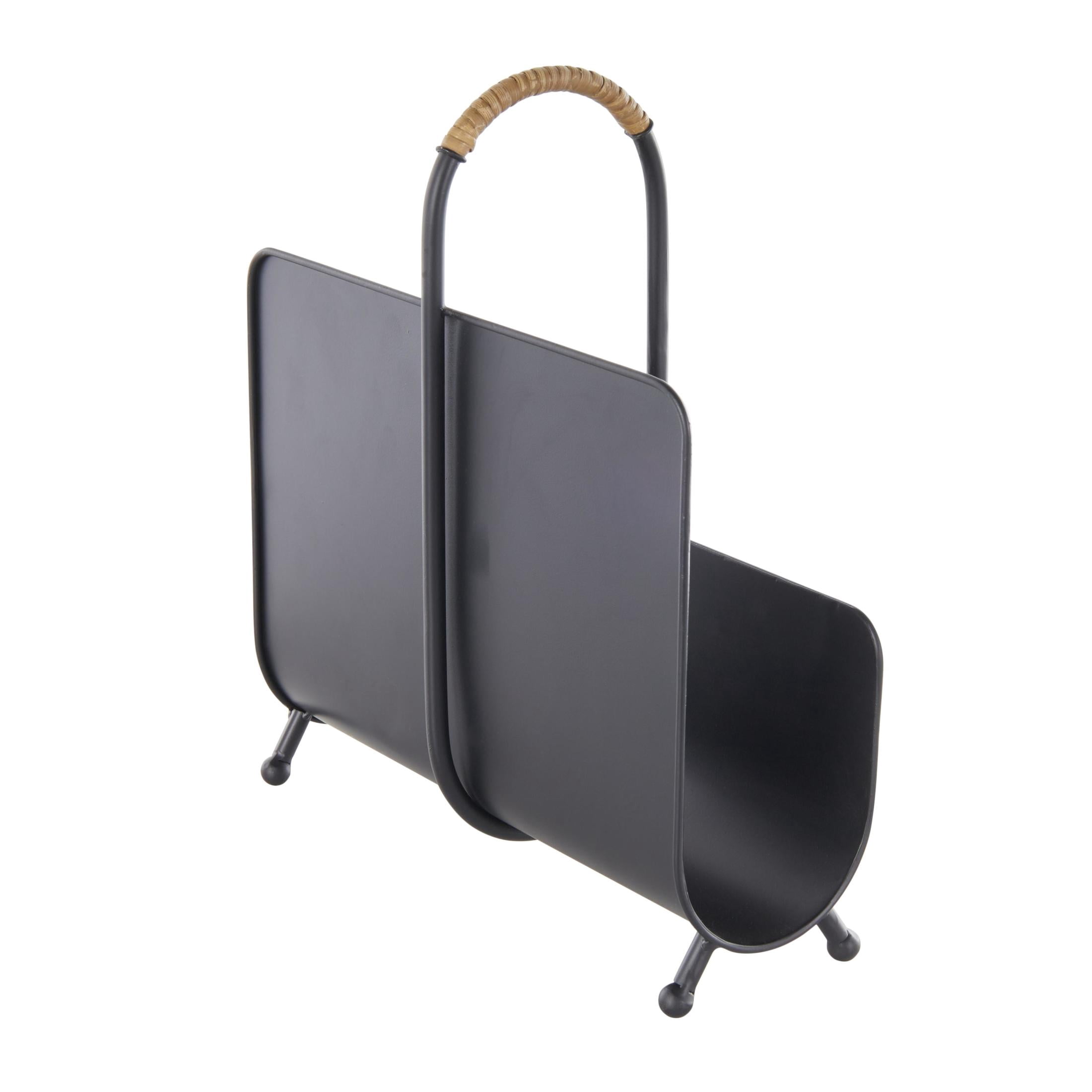 DecMode 15" Black Metal Matte Curved Magazine Holder with Rattan Loop Handle