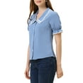 thumbnail image 4 of Allegra K Women's Sweet Peter Pan Contrast Collar Short Sleeves Button Up Blouse Tops, 4 of 6