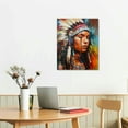 thumbnail image 3 of Native American Canvas Wall Art, Woman with Indian Feathered Headdress Poster Print Retro Colorful Indian Chief Painting Picture for Study Office Decor 12x16 in, 3 of 5