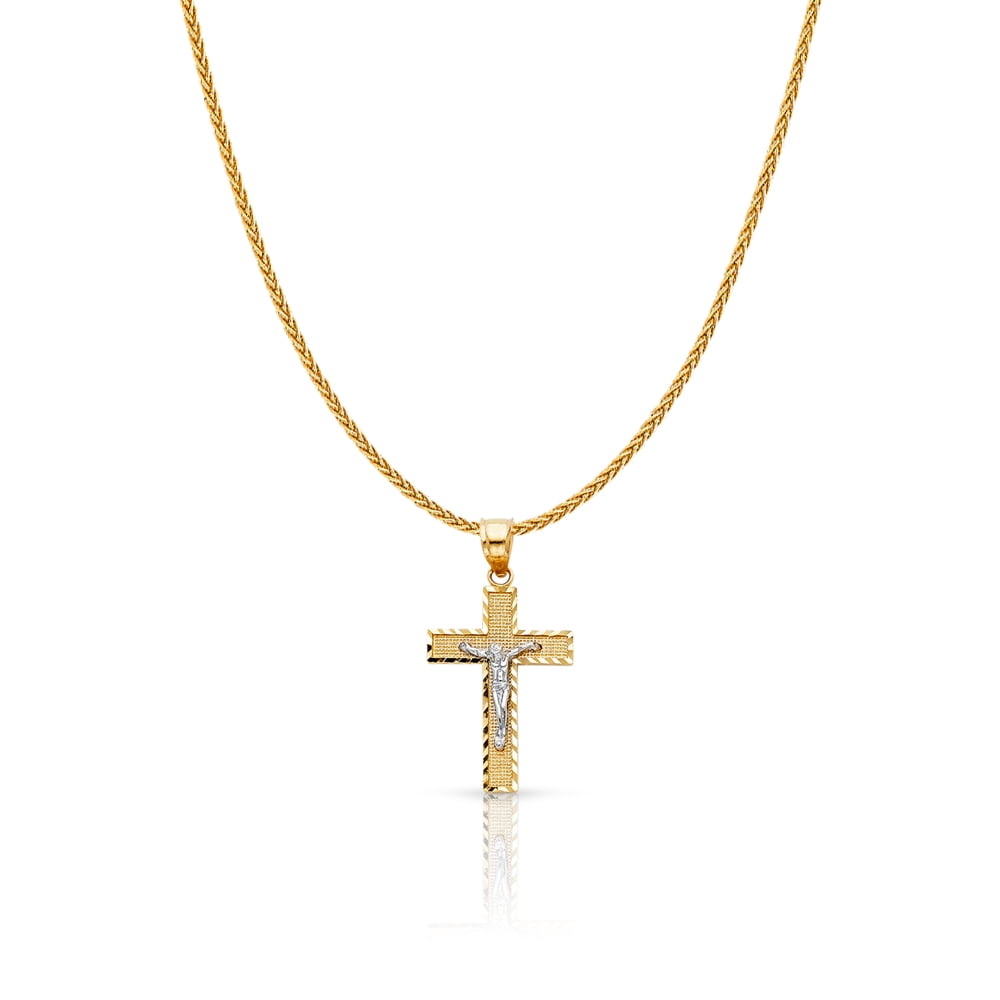 14K Two Tone Gold Jesus Crucifix Cross Charm Pendant with 1.1mm Wheat Chain Necklace