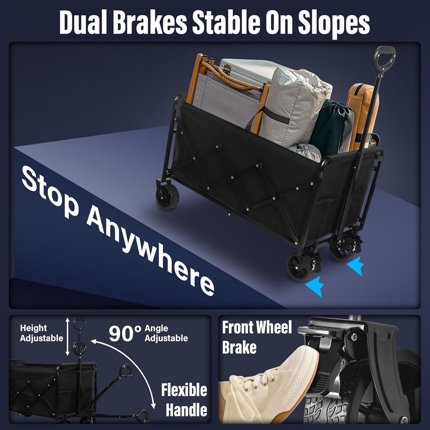 Wagon Cart Foldable with Brakes, 500LBS Heavy Duty Folding Utility Cart with All-Terrain Wheels for Beach