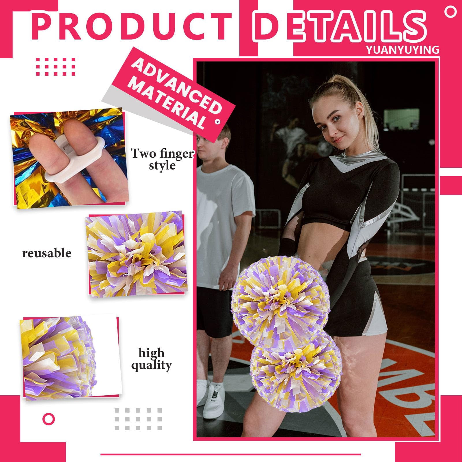 Pom Poms Cheer 12 Pieces, Cheerleading Pompoms Handheld Squad Set for Sports Team, Party, Festival, Adults Kids, Easy Fluff Design