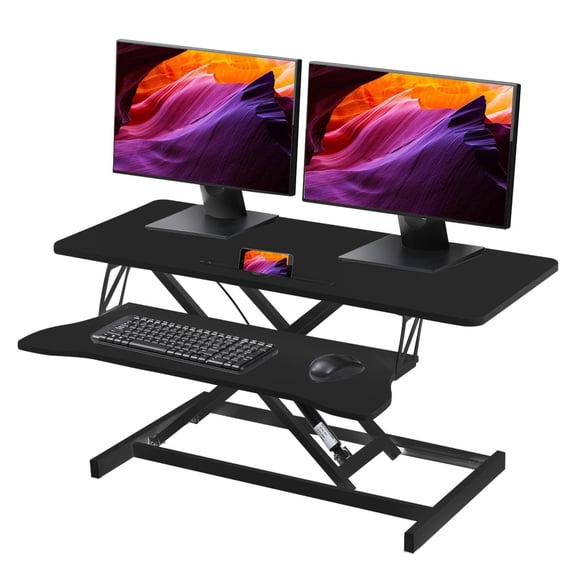 Black Standing Desk Converter With Dual Monitor Support And Adjustable Keyboard Tray