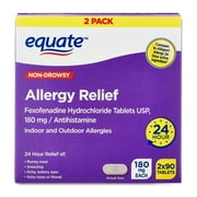 Equate Fexofenadine Hydrochloride USP Non-Drowsy Allergy Relief Tablets, 180 mg, 90 Count (2 Pack)