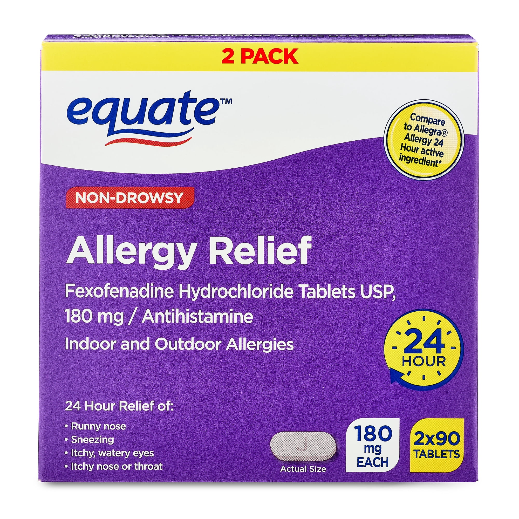 Equate Fexofenadine Hydrochloride USP Non-Drowsy Allergy Relief Tablets, 180 mg, 90 Count (2 Pack)