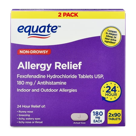 Equate Fexofenadine Hydrochloride USP Non-Drowsy Allergy Relief Tablets, 180 mg, 90 Count (2 Pack)