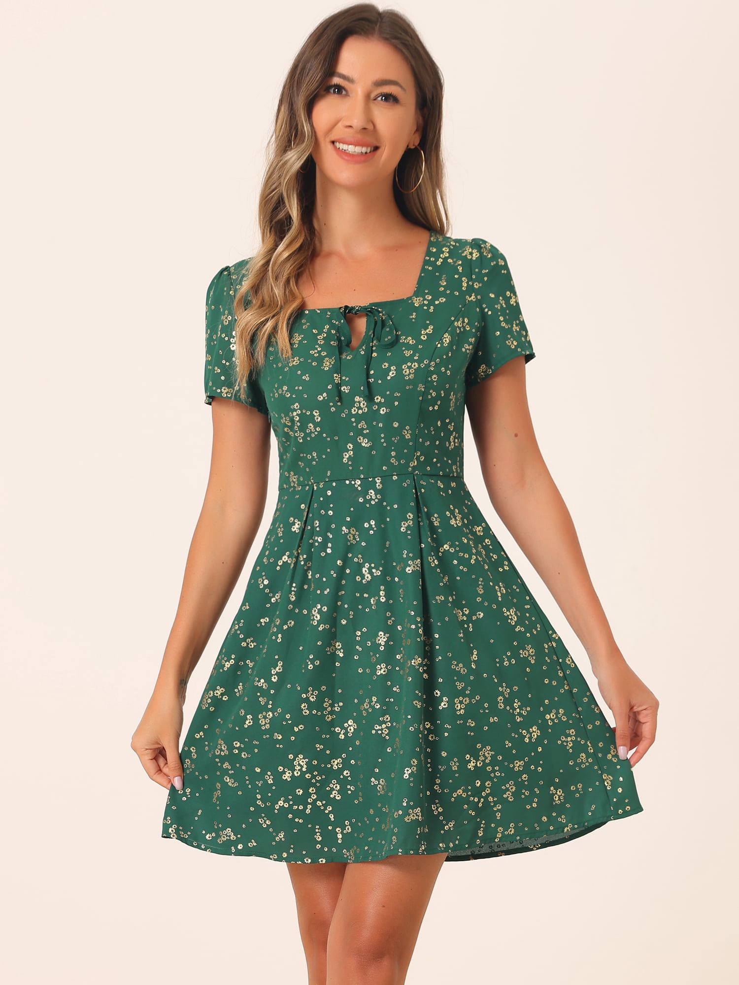 DARING DIVA Square Neck Short Sleeve Print A-Line Dress M Dark Green-Floral
