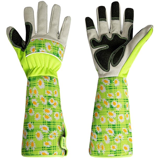 Guantes de jardinería para mujeres/hombres - Guantes de trabajo de piel de cabra largos y resistentes, guantes con protección de antebrazo para jardinería, plantas, flores - Verde LingWen 8390605458804