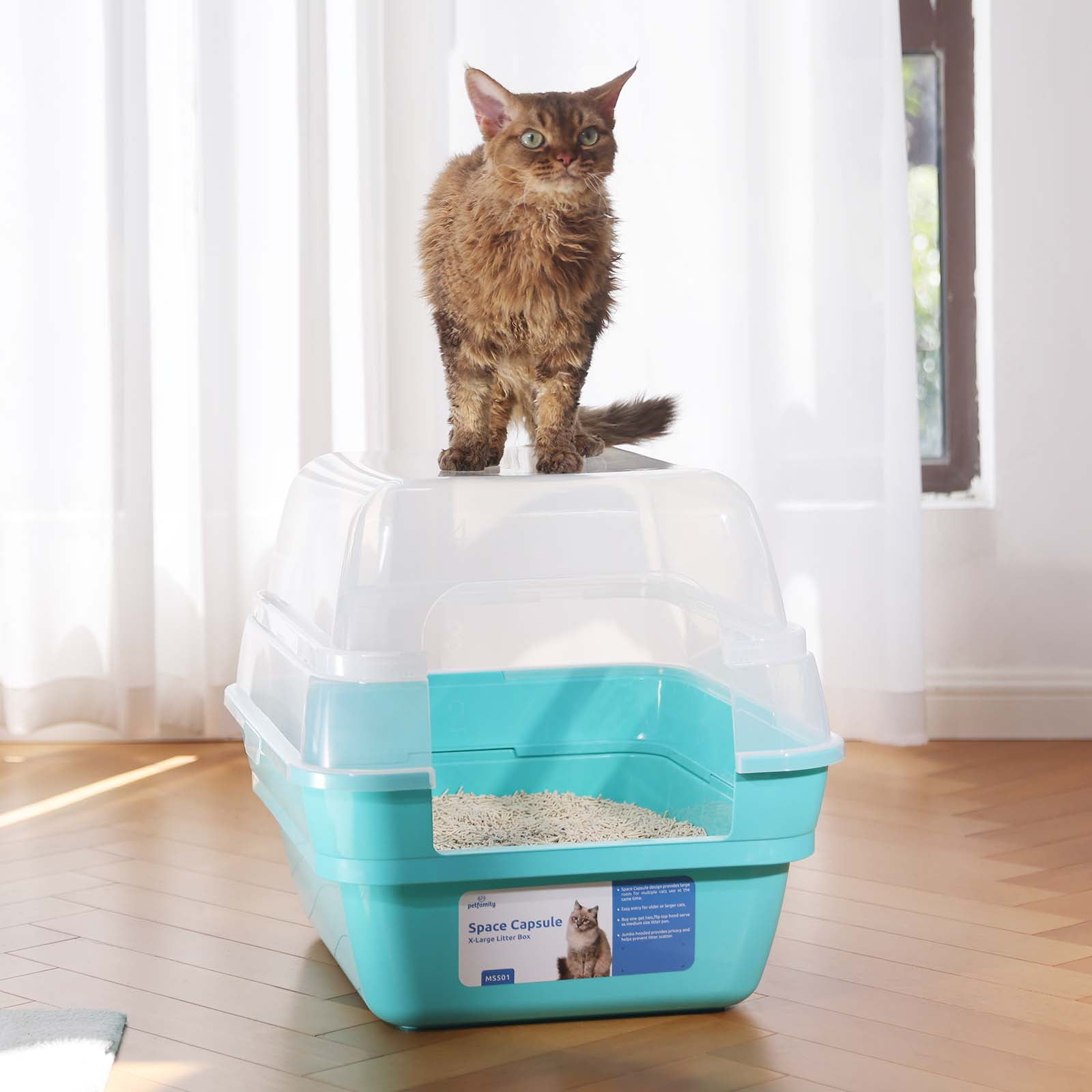 Petfamily Extra Large Cat Litter Box, Color Teal, Jumbo Hooded, 21.50 x 17.90 x 17.25 in
