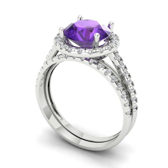 Clara Pucci 18K White Gold Round Cut 2Ct Natural Amethyst Engagement Ring Matching Band - Luxury Box Included