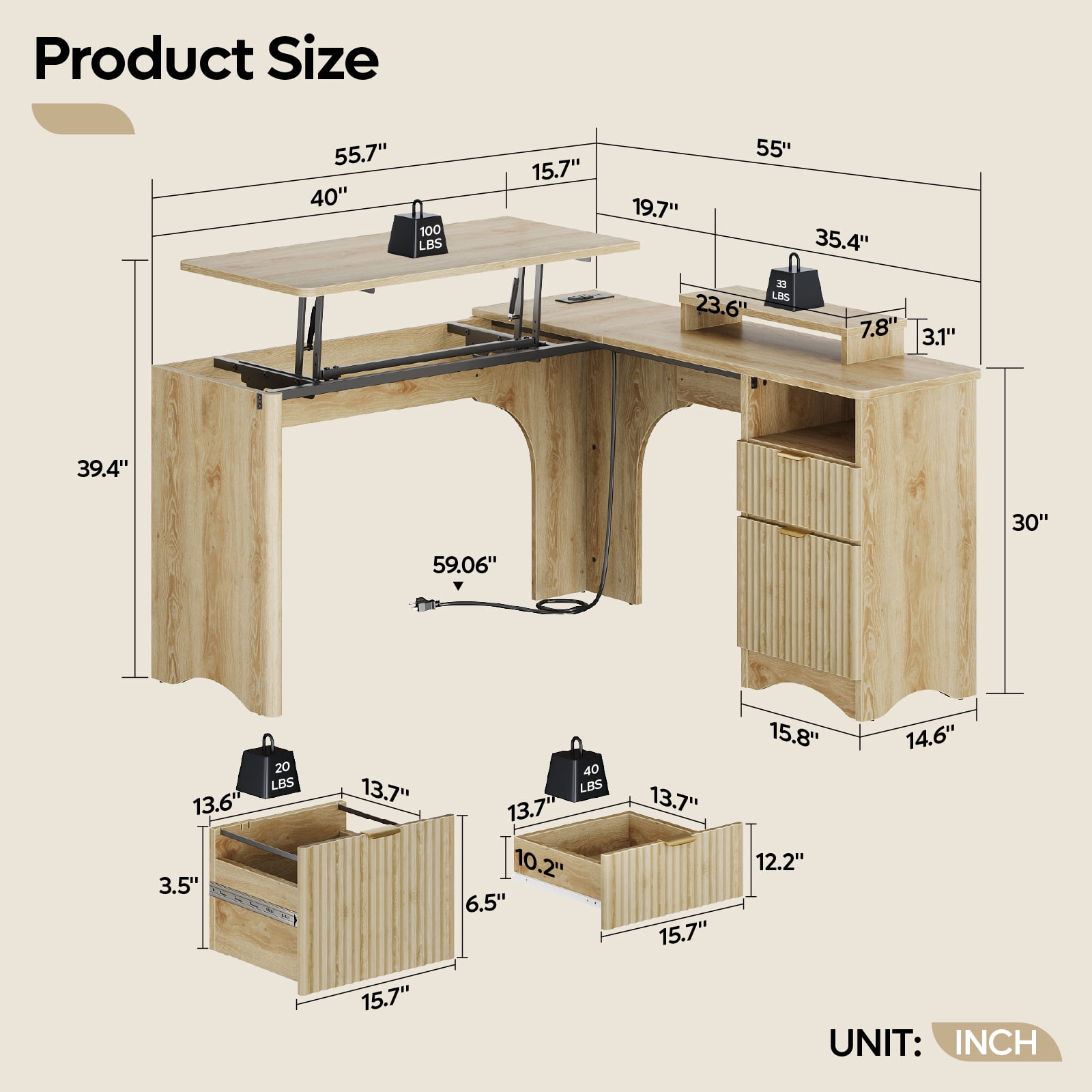 Bestier 55" L-shaped Computer PC Desk Lift Top with Power Outlets Storage Drawers and Monitor Stand, Log
