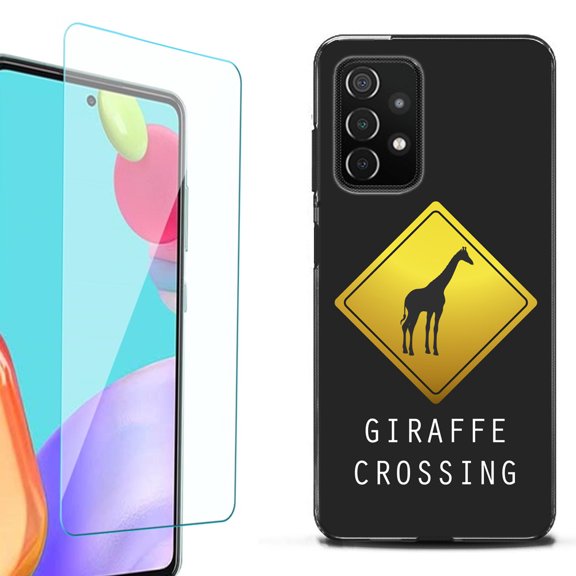 Slim-Fit Flexible TPU Gel Phone Case (black) for Samsung Galaxy A52 5G, with Tempered Glass Screen Protector, by OneToughShield ® - Road Sign Giraffe