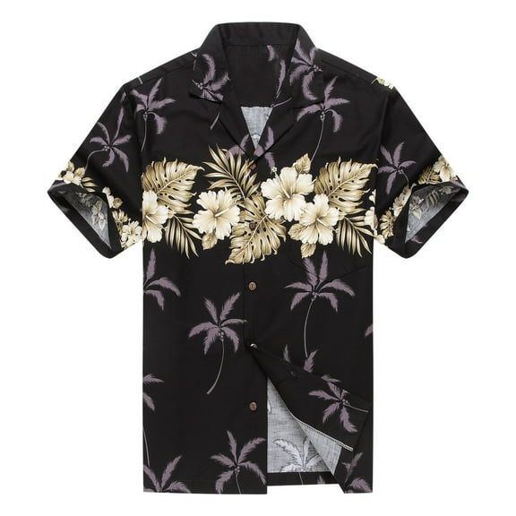 Made in Hawaii Men's Hawaiian Shirt Aloha Shirt Palm with Cross Hibiscus in Black