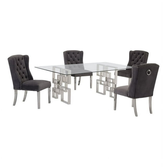 79"L x 40"W Glass Dinette Set with 4 Chairs and Silver Stainless Steel Base
