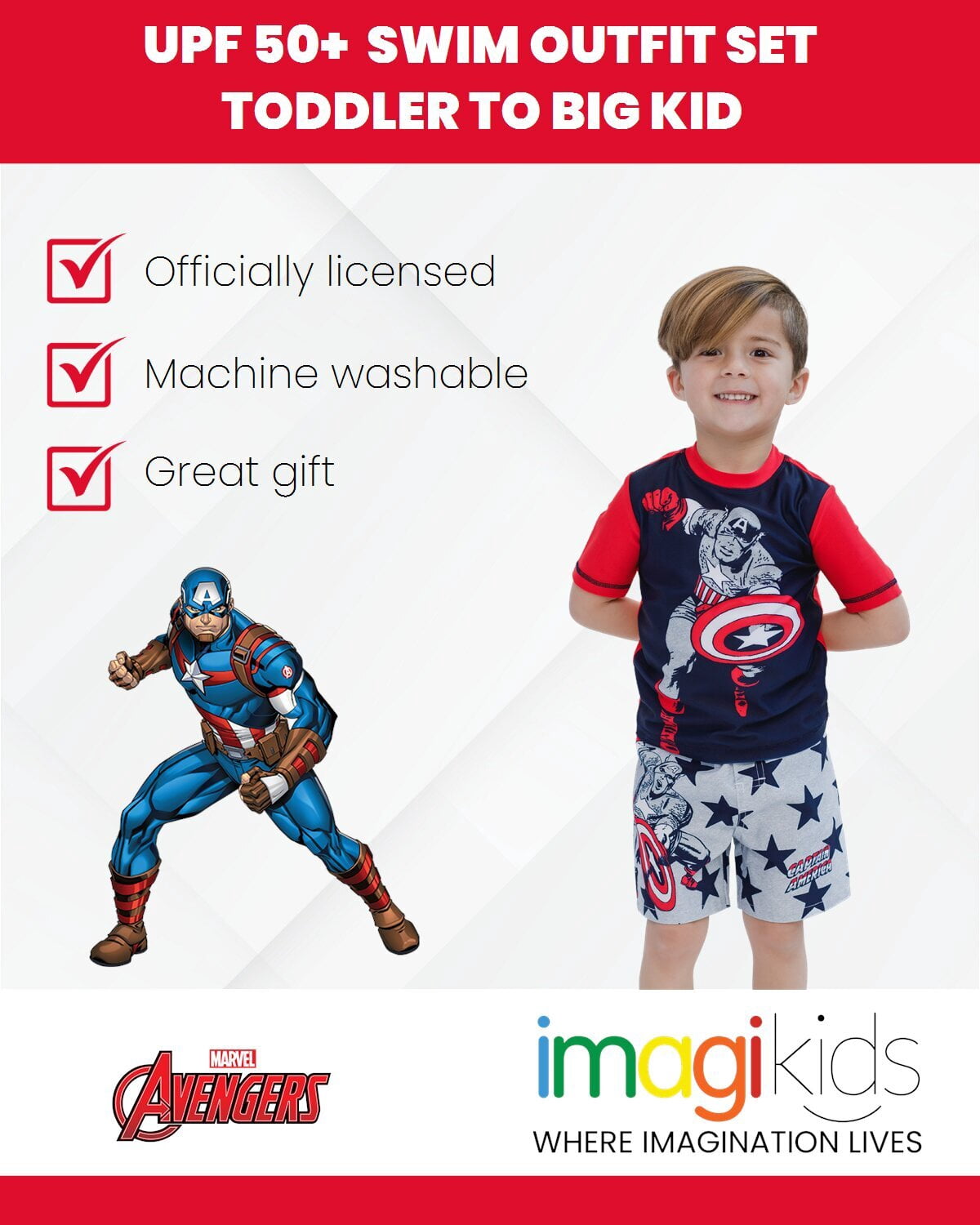 Marvel Avengers Captain America Rash Guard & Swim Trunks Set, 2-Piece, Size 4T
