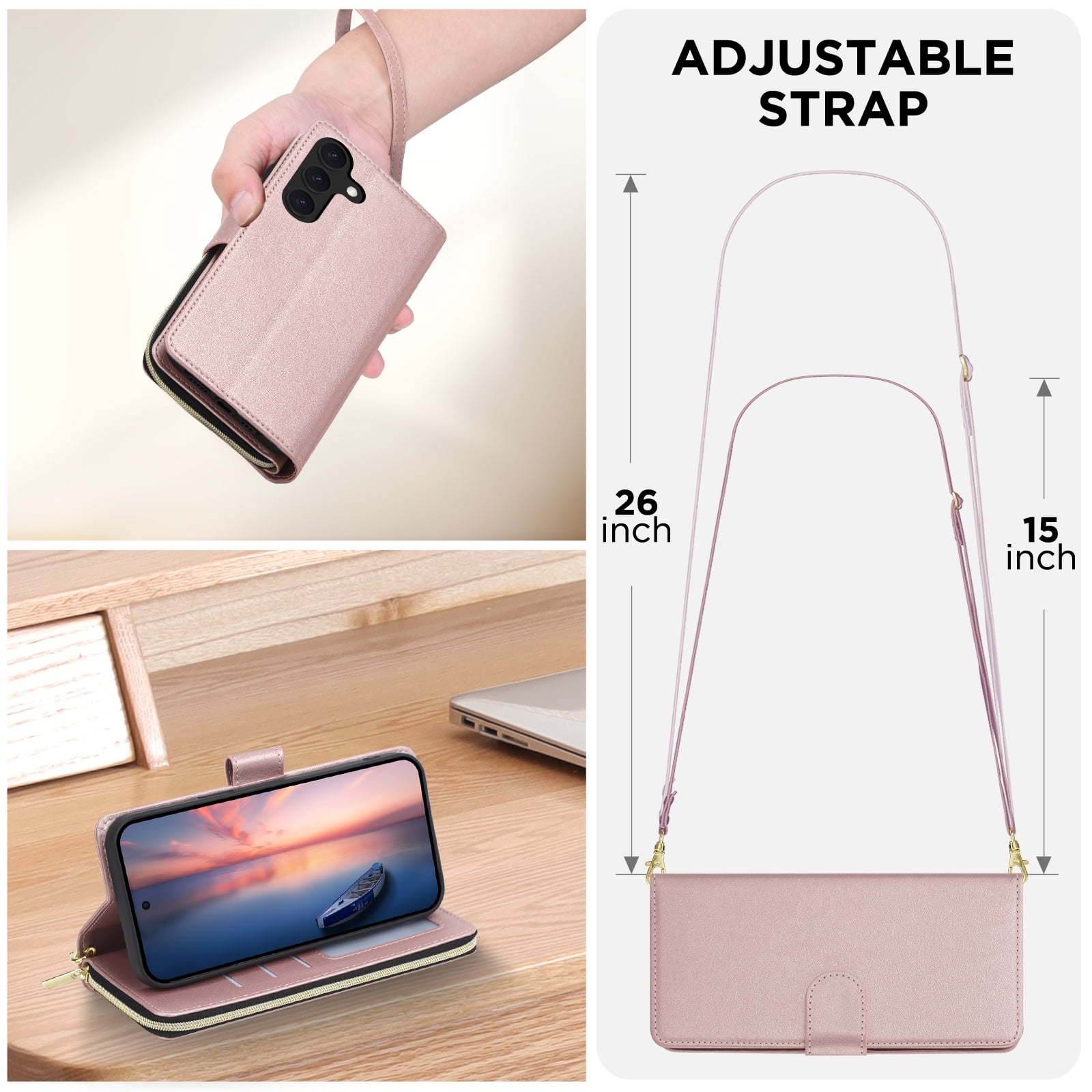 for Samsung Galaxy A26 5G Crossbody Wallet Case with 9 Card Holders, Cash Slot, Photo Slot, Zipper Pocket PU Leather Magnetic Snap Wallet Phone Case with Flip Stand & Wrist Strap & Lanyard, Rosegold