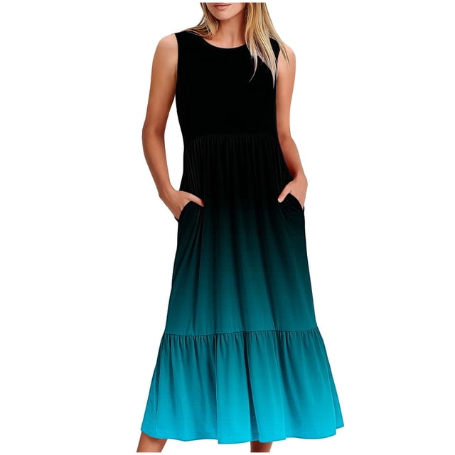 Dvkptbk Summer Robes Décontractées de Plage pour Femmes 2024 Mode Robe Dégradée Robe Midi Sans Manches Robe Évasée Robe Débardeur Robe d'Été Plissée Robe Débardeur avec Poches