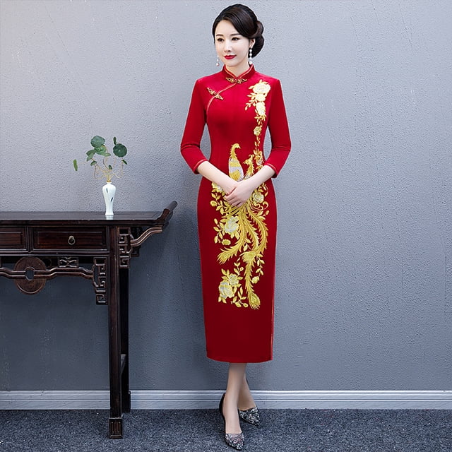Cheongsam largo mejorado con bordado de terciopelo coreano de primavera para vestido de novia de suegra