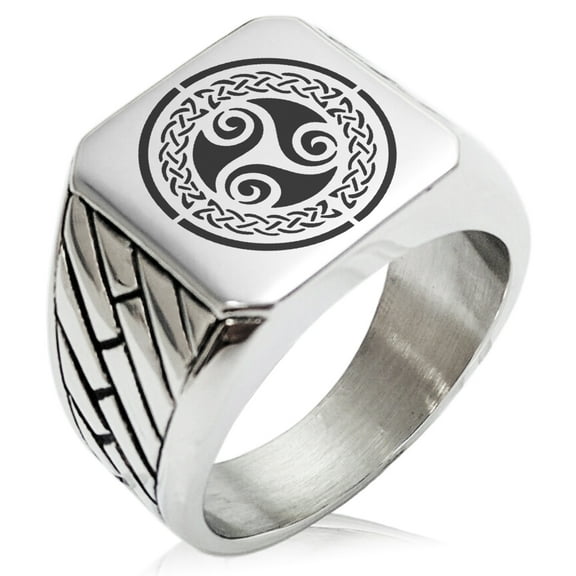 Stainless Steel Celtic Triskele Triskelion Triple Knot Geometric Pattern Biker Style Polished Ring