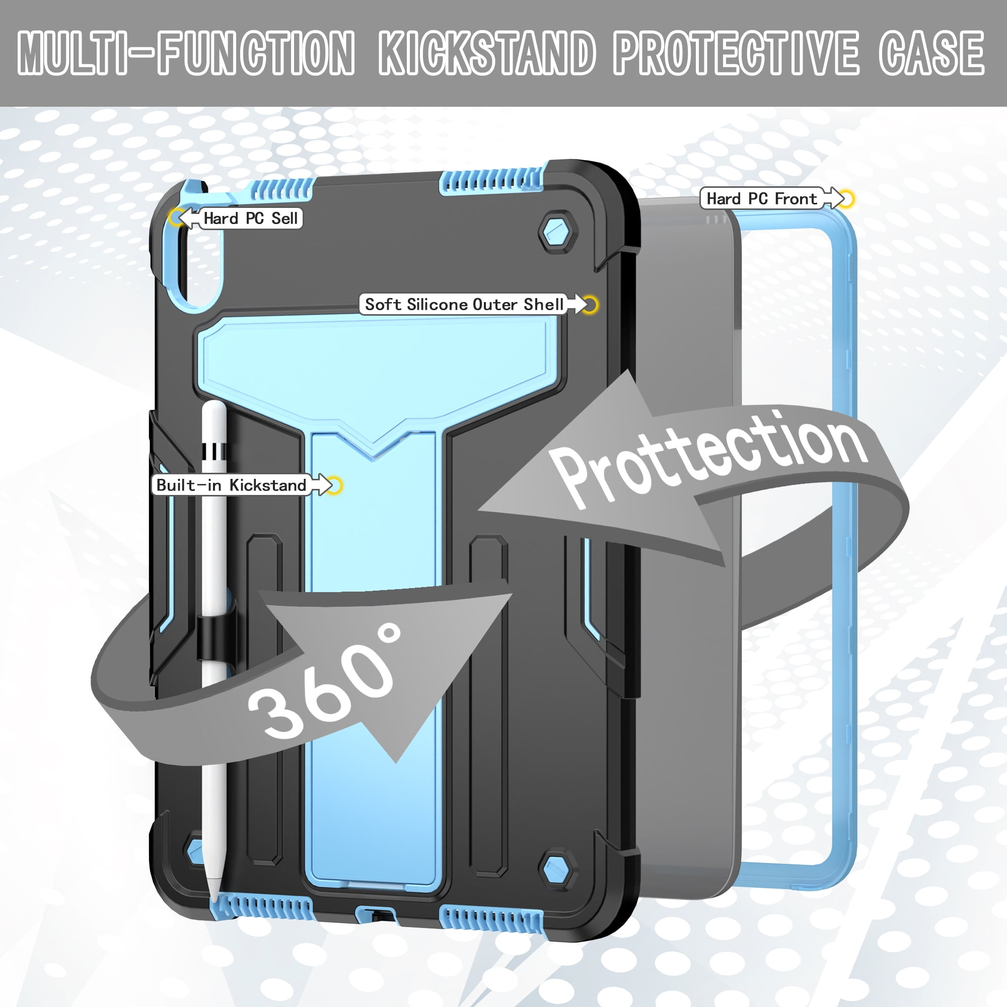 Decase Case for Apple iPad 10th Generation 10.9-inch,Shockproof Rubber Heavy Duty Rugged 3-Layer Protetion Kickstand Armor Cover with Pencil Holder, Black+Blue