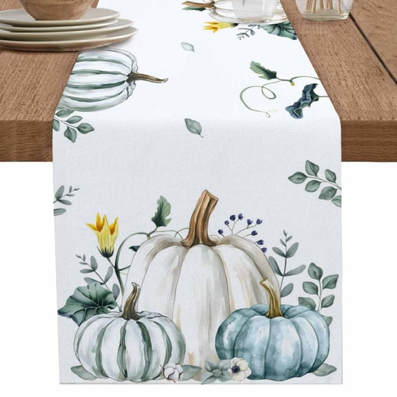 nqOlkjepod Thanksgiving Table Runner 48 Inches Long Farmhouse Dress Scarves, Blue White Pumpkin Autumn Fall Leaf Dining Tablerunner for Coffee Table/Kitchen Island/Party Décor, 13" x 48"