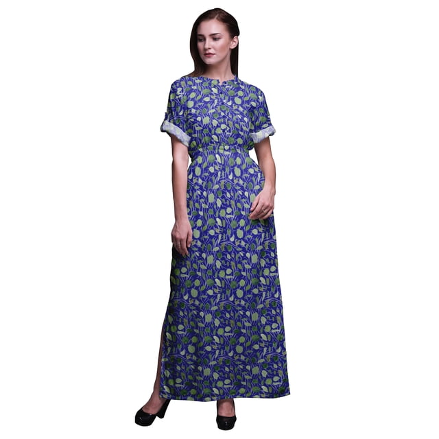 Bimba Rayon Cabbage Leaves Printed Womens Long MaxiDressGown With Side Slit-Small