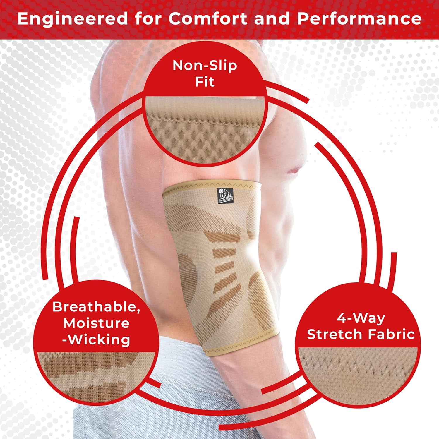 Nordic Lifting Elbow Brace, Elbow Sleeve for Men & Women, Tennis Elbow Brace for Tendonitis, Arthritis, Weightlifting, Golf, 1 Pair, Beige, Large
