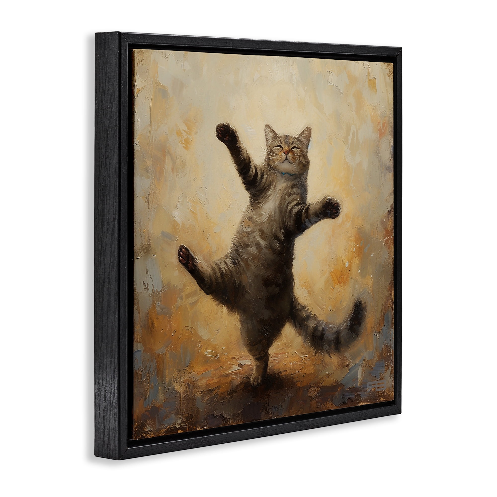 Stupell Industries Dancing Tabby Cat Animals & Insects Painting Black Floater Framed Canvas Art Print Wall Art, 18 x 18