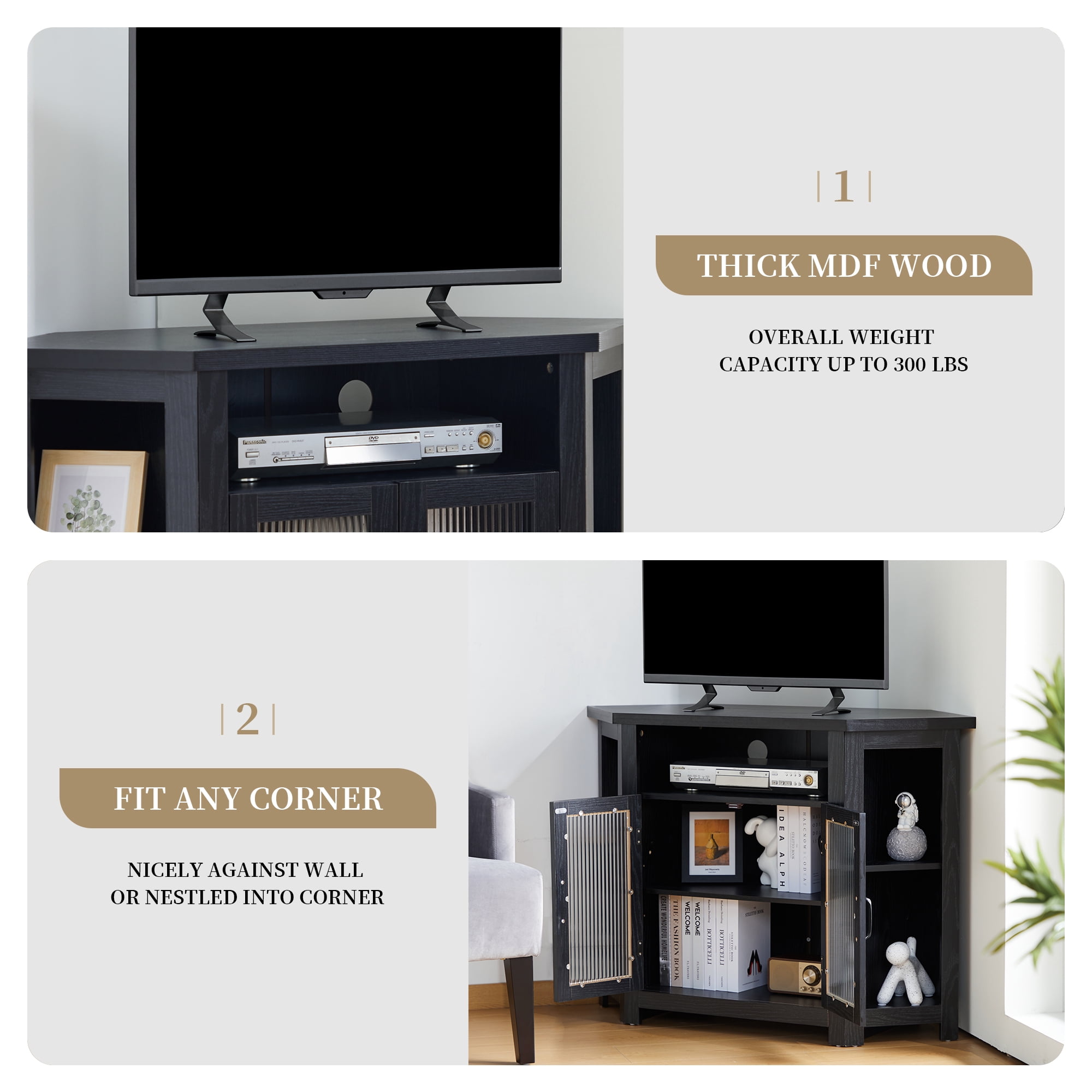 PHOYAL Farmhouse Corner TV Stand for TVs up to 48 Inchs with 2 Doors and Storage Shelves, Black
