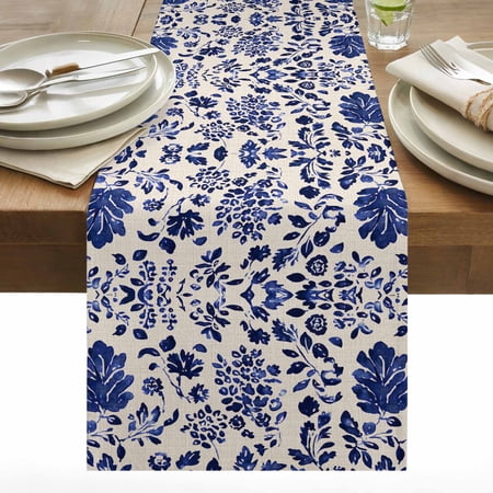 Vintage Flower Cotton Linen Table Runner Spring Abstract Dark Blue Floral Leaf Pattern Linen Texture Dining Table Runners for Home Decor Party Dining Room Restaurant Kitchen 13 x 48