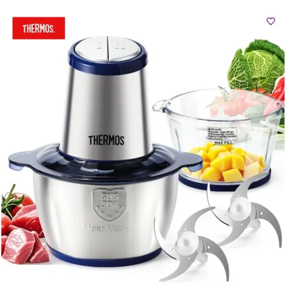 Thermos Food Chopper for Kitchen, 8 Cup Food Processor, 500W, 4 Blades, 2 Bowls, Feed Chute & Pusher for Mincing Dicing Shredding