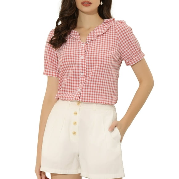 INSPIRE CHIC Women's Blouses Peter Pan Collar Puff Short Sleeves Ruffle Plaid Shirt Tops S Pink
